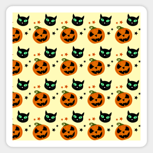 Halloween black cat and orange pumpkin pattern on light pastel yellow Sticker